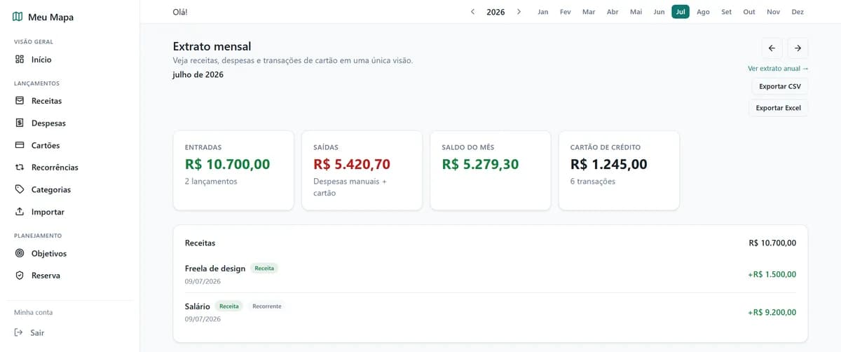 Extrato mensal do Mapa do Bolso com entradas, saídas e lançamentos do mês